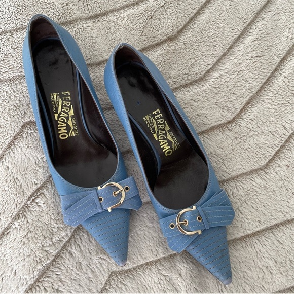 Salvatore Ferragamo Shoes - Ferragamo Vintage Baby Blue Kitten Heels with Front Buckle